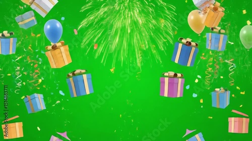 Festive Balloons and Gifts Falling Against Green Screen
