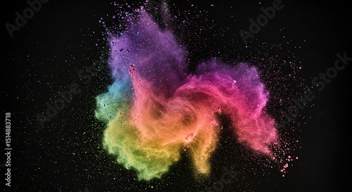 Abstract swirl of vibrant powdered pigments exploding mid-air over a textured black canvas backdrop with fine dust settling