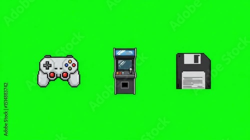 Pixelated Floppy Disk Animation on Green Screen Background for Retro Tech Concepts