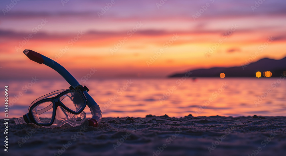 Fototapeta premium Snorkeling mask and tube on beach sand with dramatic sunset over ocean in background. Summer banner for water sports equipment, beach activities and tropical adventure vacations