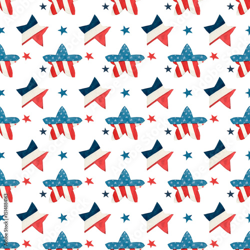 Seamless watercolor pattern with stars in red, white, and blue inspired by the American flag. Ideal for patriotic designs, holidays, and festive decorations.