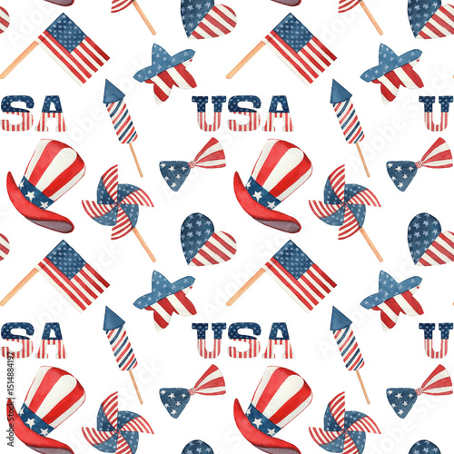 Seamless watercolor pattern featuring fireworks, hats, and paper pinwheels in red, white, and blue inspired by the American flag. Perfect for 4th of July celebrations and patriotic decorations.
