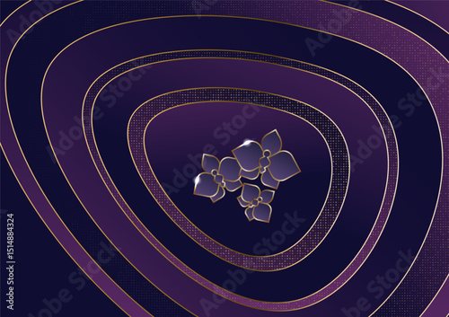 Golden line of orchid on free form and gold dots background.