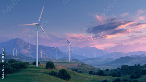Artwork/illustration of a wind farm in a scenic mountain valley at dusk or dawn. Renewable energy concept.