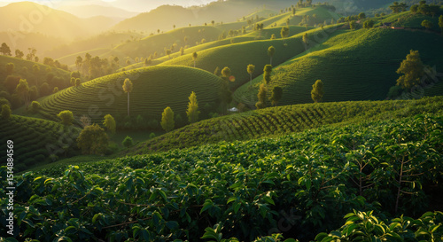 Lush green coffee plantation on rolling hills at sunset with golden light. Coffee farming landscape showing sustainable agriculture for specialty coffee branding and origin marketing