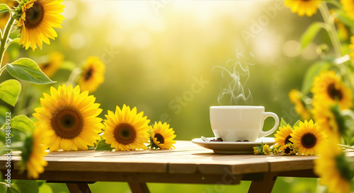 Fototapeta Naklejka Na Ścianę i Meble -  Steaming white coffee cup with coffee beans on wooden table surrounded by bright sunflowers in garden setting. Natural morning beverage scene connecting coffee enjoyment with summer floral beauty