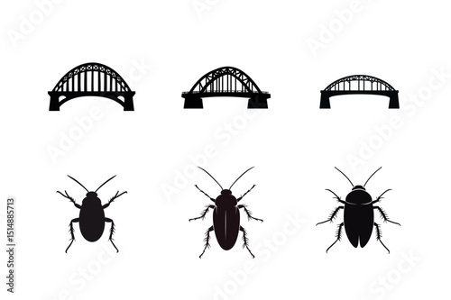 Three bridge silhouettes and three cockroach silhouettes