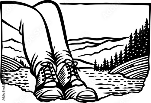 Hiker resting in wilderness, scenic mountain landscape view with forest and trail outdoor adventure escape illustration
