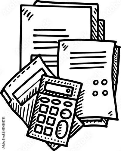 Finance and accounting concept hand drawn calculator with business documents, invoices, and paperwork