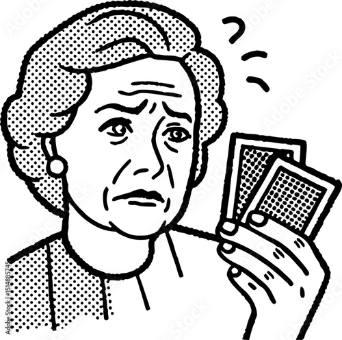 Worried elderly woman examining playing cards, uncertain expression, retro comic style, decision making concept