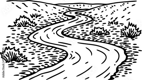 Winding desert road illustration curvy pathway, dry landscape, sparse bushes, arid terrain, scenic highway