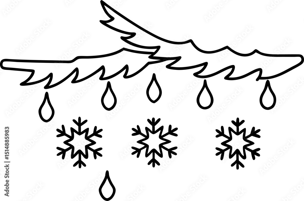 Fototapeta premium Melting icicles and snowflakes under pine branch in winter thaw and seasonal transition concept illustration