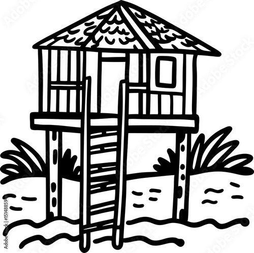 Tropical stilt house with ladder in beach landscape hand drawn hut line art, summer vacation concept