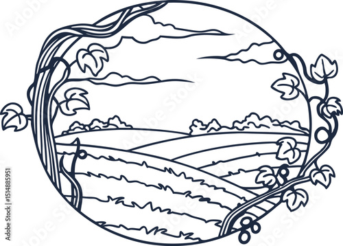 Pastoral countryside landscape illustration in circle frame with climbing vines and rolling fields, rural scenery