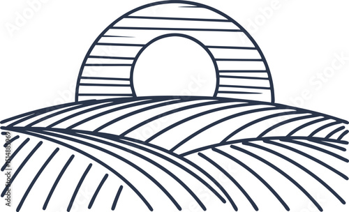 Sunrise over farmland fields minimalist agricultural landscape, rural morning scene, line art design