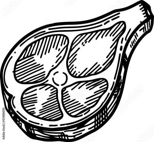 Hand drawn steak grilled meat slice with bone, black and white sketch illustration for butcher shop or recipe design