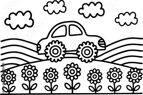 car on hilly countryside landscape outline vehicle driving over hilltop, sunflowers blooming below, clouds above