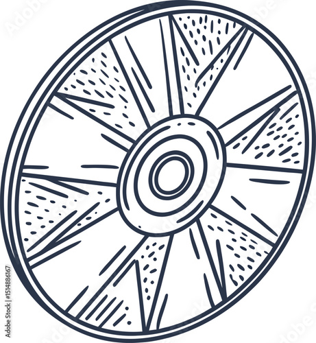 Ancient round shield illustration with geometric patterns hand drawn medieval defense equipment, historic battle and protection concept