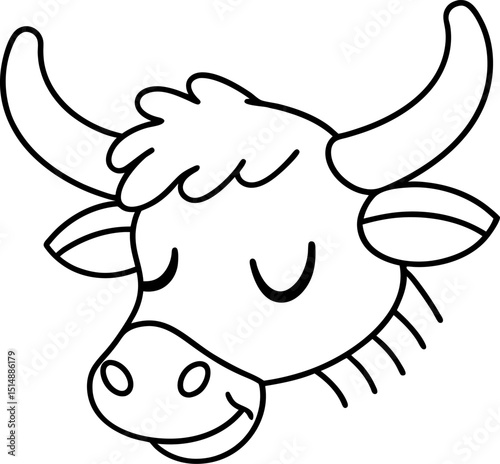 Cute cow face outline smiling animal head with horns for coloring book, farm education, children's activity