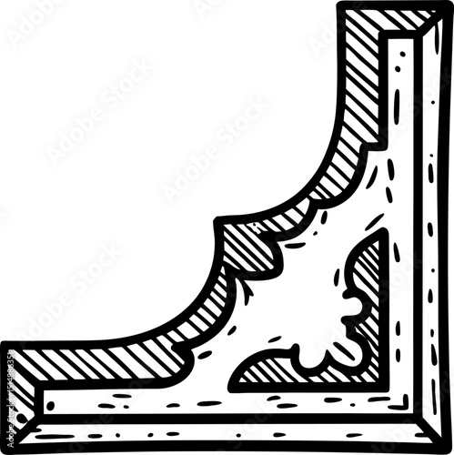 Ornate wooden corner molding, hand drawn  illustration decorative interior architecture trim detail, black and white design