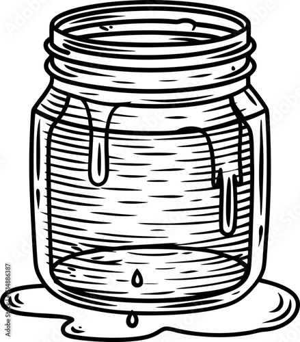 Empty glass jar with dripping honey hand drawn black outline illustration of open container, spill, leak, mess, sweetness