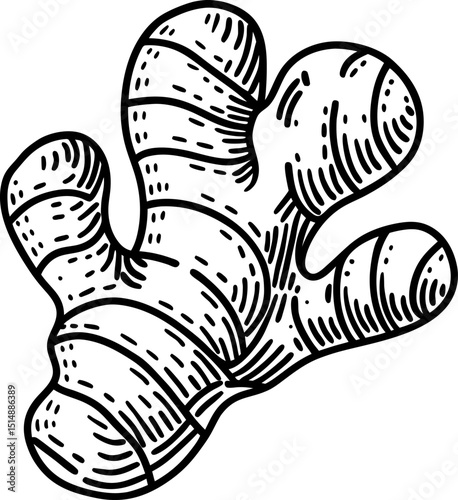 Hand drawn ginger root illustration black and white botanical sketch, herbal ingredient for cooking and health