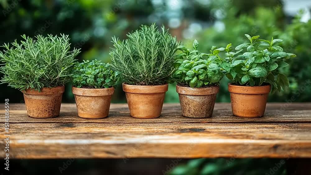 Herb garden display: Rosemary, basil, mint, and thyme plants in terracotta pots on wooden surface Herb garden display: Rosemary, basil, mint, and thyme plants in terracotta pots on wooden surface