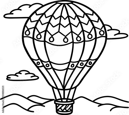 Hot air balloon flying over mountains, outlined drawing decorative patterned design with clouds, leisure travel concept
