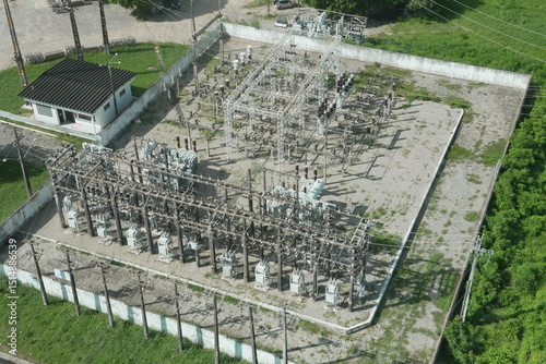 Aerial Inspection City Landscape Electrical Power Lines Substation Infrastructure Helicopter Drone View Energy Distribution Urban Area