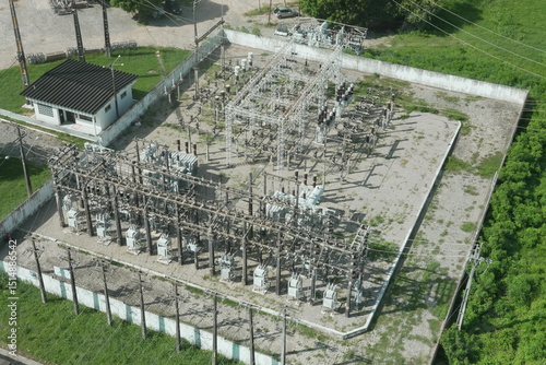 Aerial Inspection City Landscape Electrical Power Lines Substation Infrastructure Helicopter Drone View Energy Distribution Urban Area