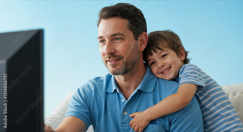 Fototapeta premium Happy father in blue polo shirt hugging curly haired son on sofa while watching television. Quality family time together. Father's Day entertainment and home service promotions