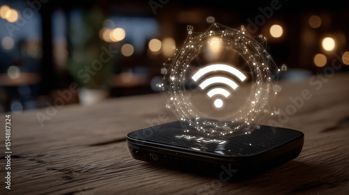 Wallpaper Mural Elegant black Wi-Fi router resting on a natural wood grain surface, with a glowing signal icon pulsing gently above it, encircled by digital network symbols, emphasizing the digita Torontodigital.ca