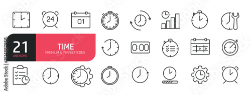 Set of line icons related to time, date, o'clock, alarm, calendar. Outline icons collection. Editable stroke. Vector illustration.