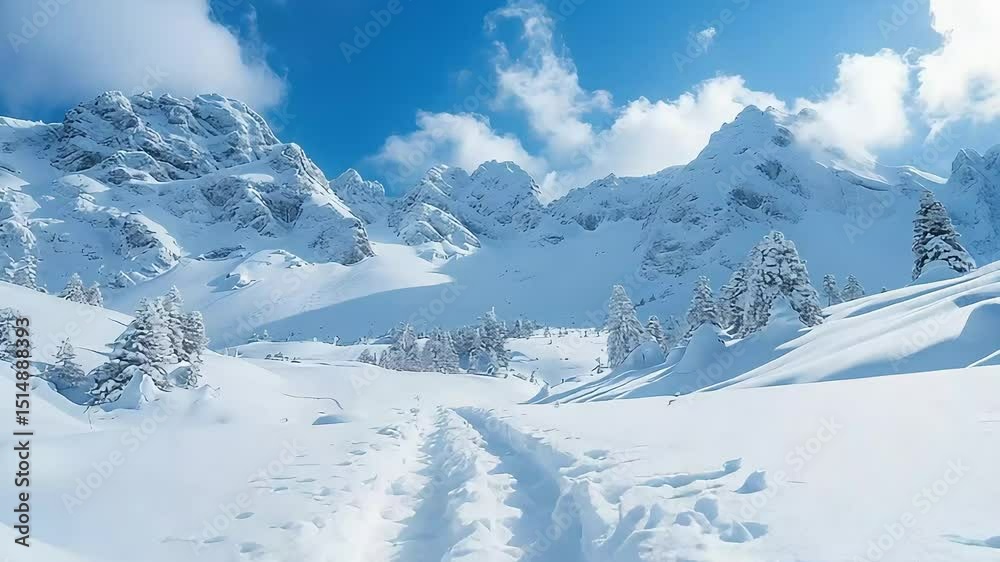 Snowy mountain valley path under a clear sky Snowy mountain valley path under a clear sky