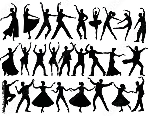 Collection Of Black And White Dance Silhouettes Elegant Couples In Motion