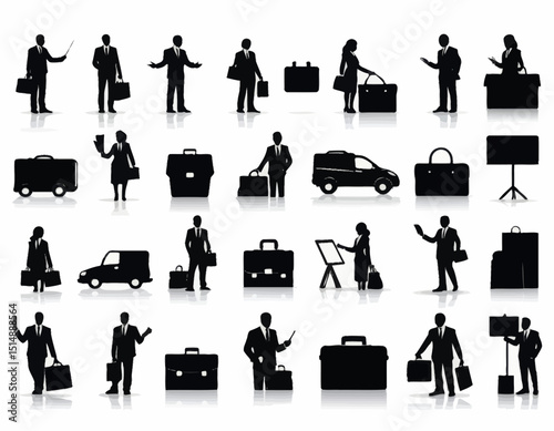 Collection Of Business People Silhouettes With Briefcases And Vehicles