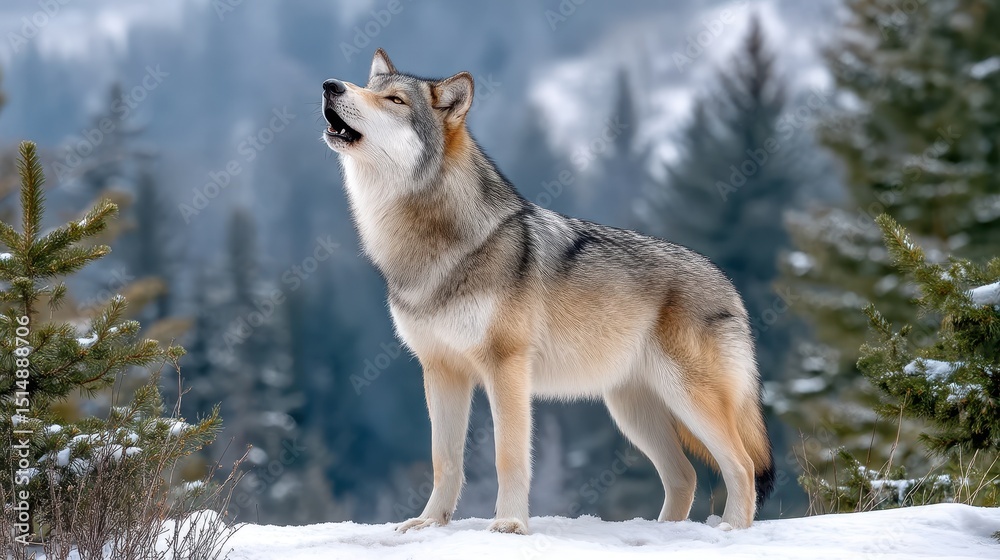 Obraz premium Majestic Gray Wolf Howling in a Snowy Winter Forest Landscape
