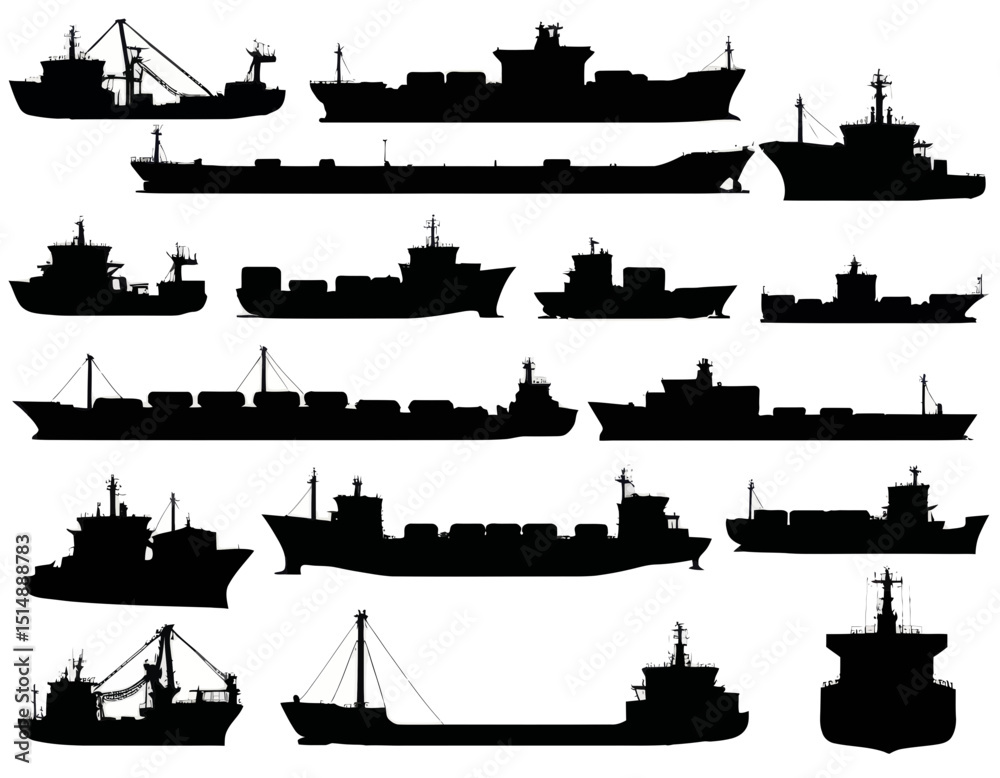 Fototapeta premium Collection Of Vessel Silhouettes Diverse Maritime Craft