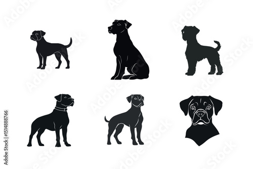 Six black silhouettes of dog breeds