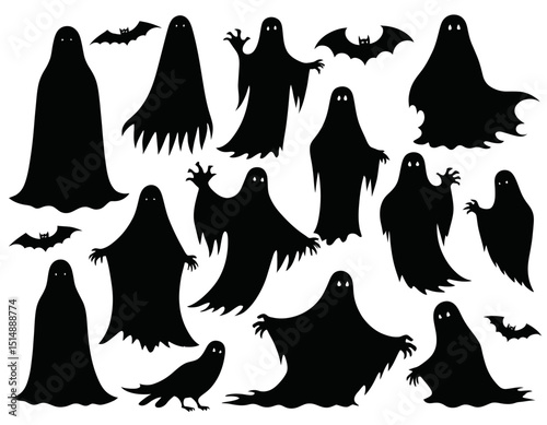 Collection of Spectral Silhouettes with Bats and Birds on White Background