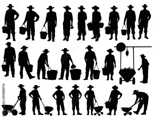 Collection Of Silhouettes Of Farmworkers With Tools And Wheelbarrows