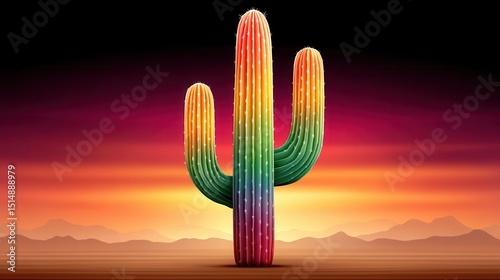 Vibrant Rainbow Cactus at Sunset in Desert Landscape A Stunning Digital Art Illustration