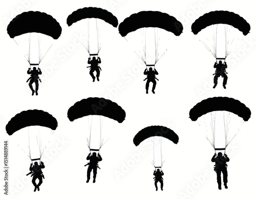 Multiple Person Silhouettes In Parachutes Against A White Background