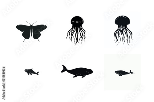 Silhouette icons of butterfly jellyfish and whales