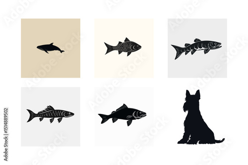 Silhouette set of fish whale and dog