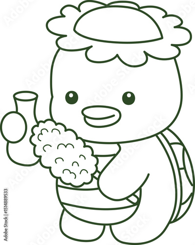 Lineart of Kawaii japanese mythology Kappa sticker cute.
Coloring book of Cute kappa mascot ghost japanese.