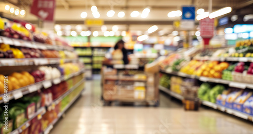 Wallpaper Mural Blurred supermarket aisle with shelves full of fruits vegetables and a shopping cart.grocery premium photos for banner, poster, and pamphlet backgrounds Torontodigital.ca