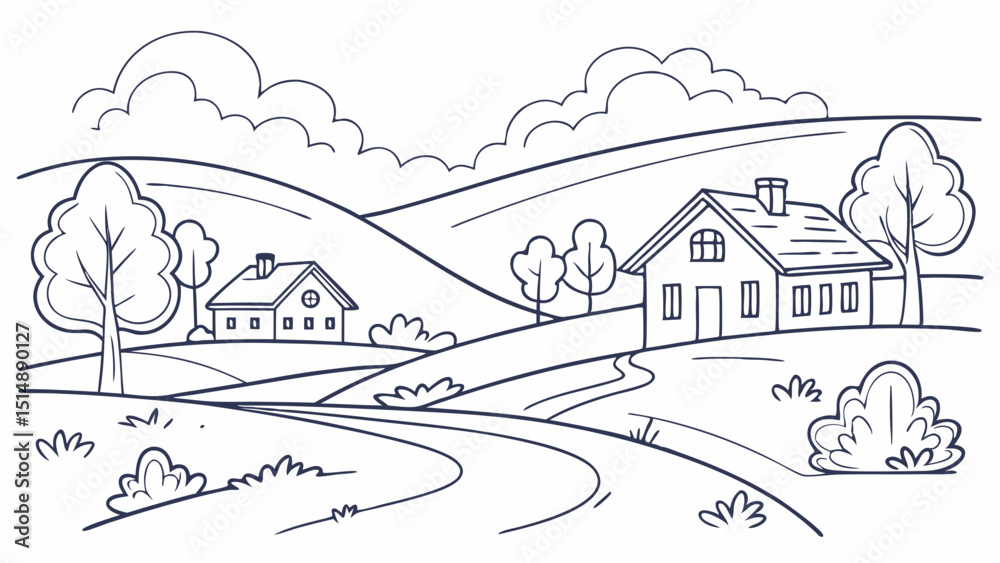Obraz premium Serene Countryside Landscape Rolling Hills, Farmhouses, and Winding Path Illustration