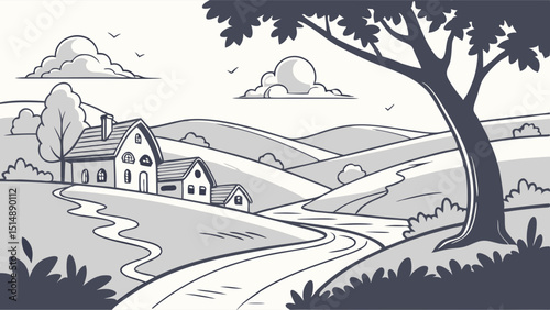 Serene Countryside Landscape Rolling Hills, Winding Road, and Charming Houses Illustration