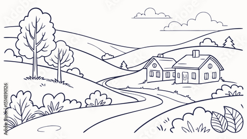 Serene Countryside Landscape Rolling Hills, Winding Road, and Charming Houses Illustration